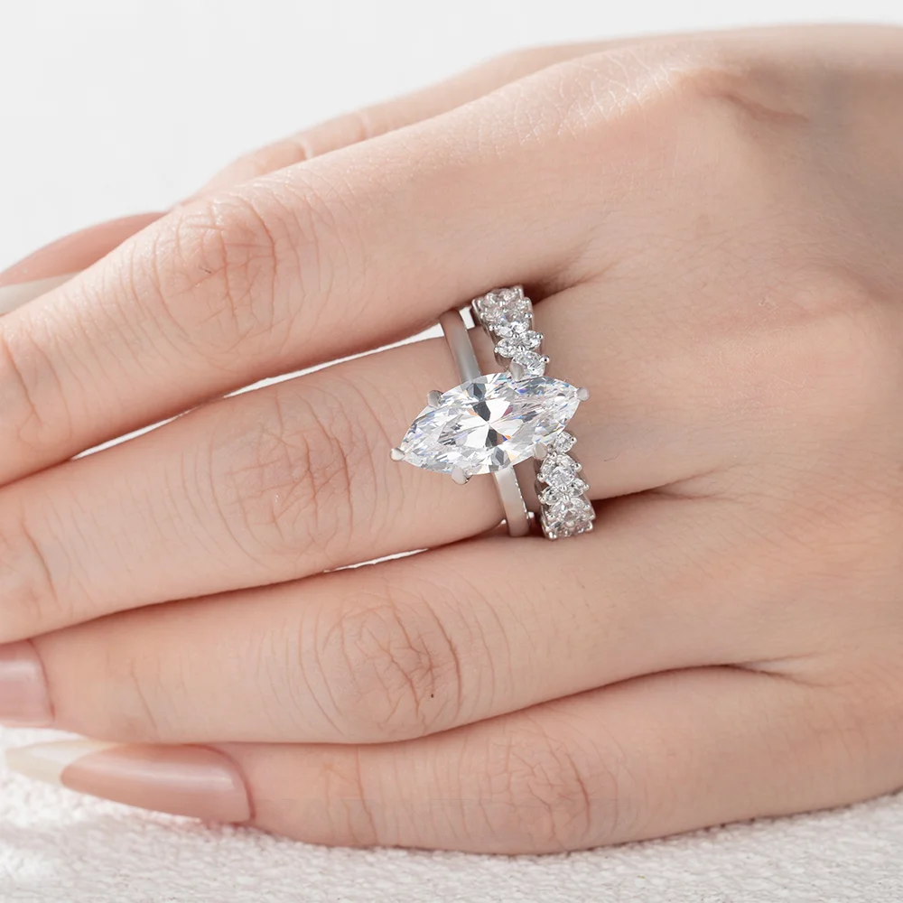 Marquise-Schliff Diamantweiß 925er Sterlingsilber In 3 Farben erhältlich Halo Trauring-Set