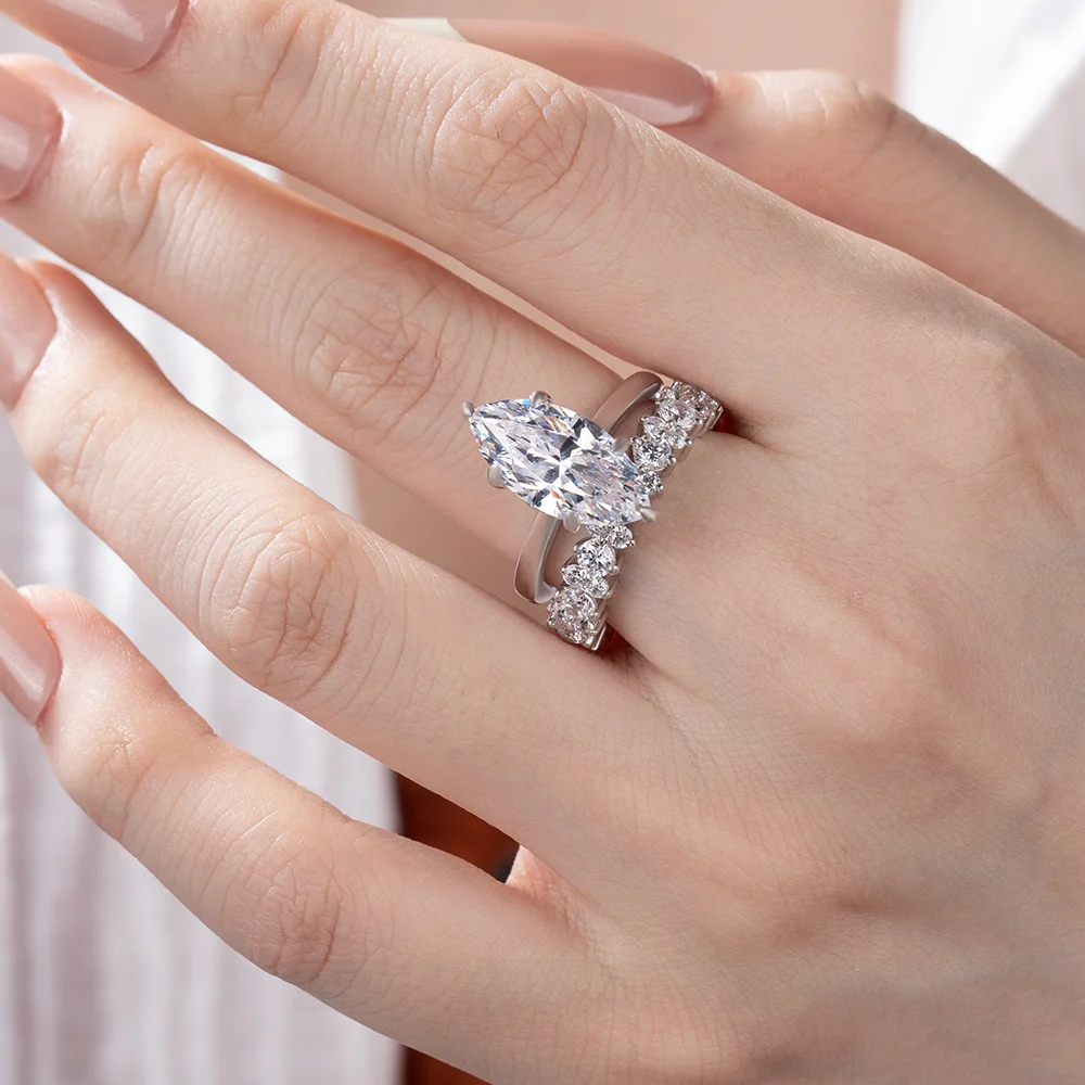 Marquise-Schliff Diamantweiß 925er Sterlingsilber In 3 Farben erhältlich Halo Trauring-Set