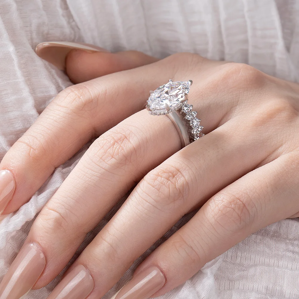 Marquise-Schliff Diamantweiß 925er Sterlingsilber In 3 Farben erhältlich Halo Trauring-Set