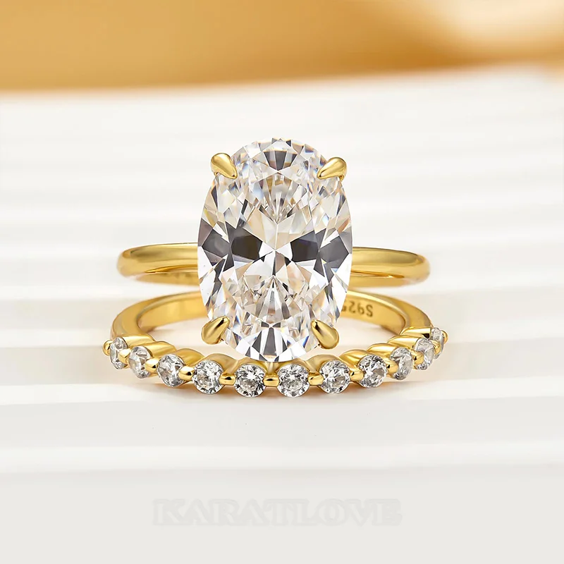 Ovalschnitt Diamantweiß 925er Sterlingsilber Gelbgold Halo Trauring-Set