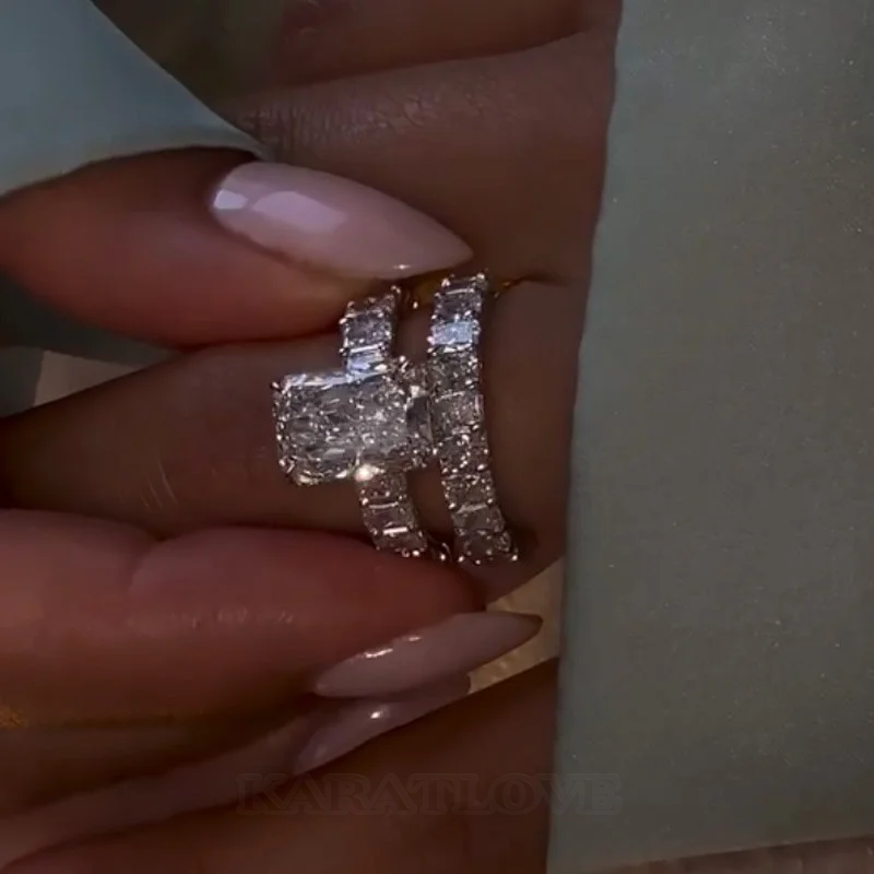 Radiantschliff Diamantweiß 925er Sterlingsilber Trauring-Set