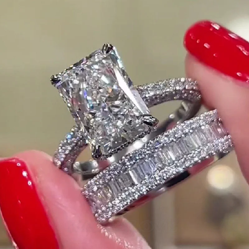 Radiantschliff Diamantweiß 925er Sterlingsilber In 3 Farben erhältlich Trauring-Set