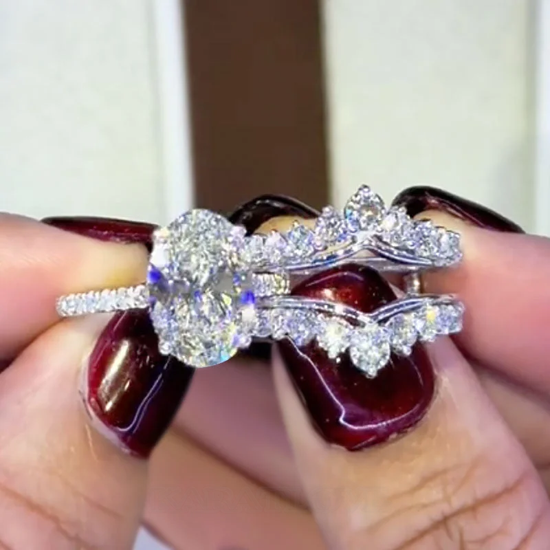 Ovalschnitt Diamantweiß 925er Sterlingsilber Einlege Trauring-Set