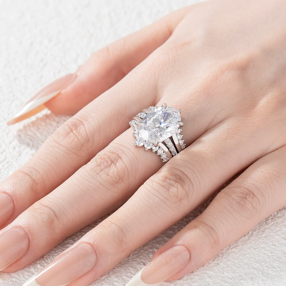 Ovalschnitt Diamantweiß 925er Sterlingsilber Einlege Trauring-Set