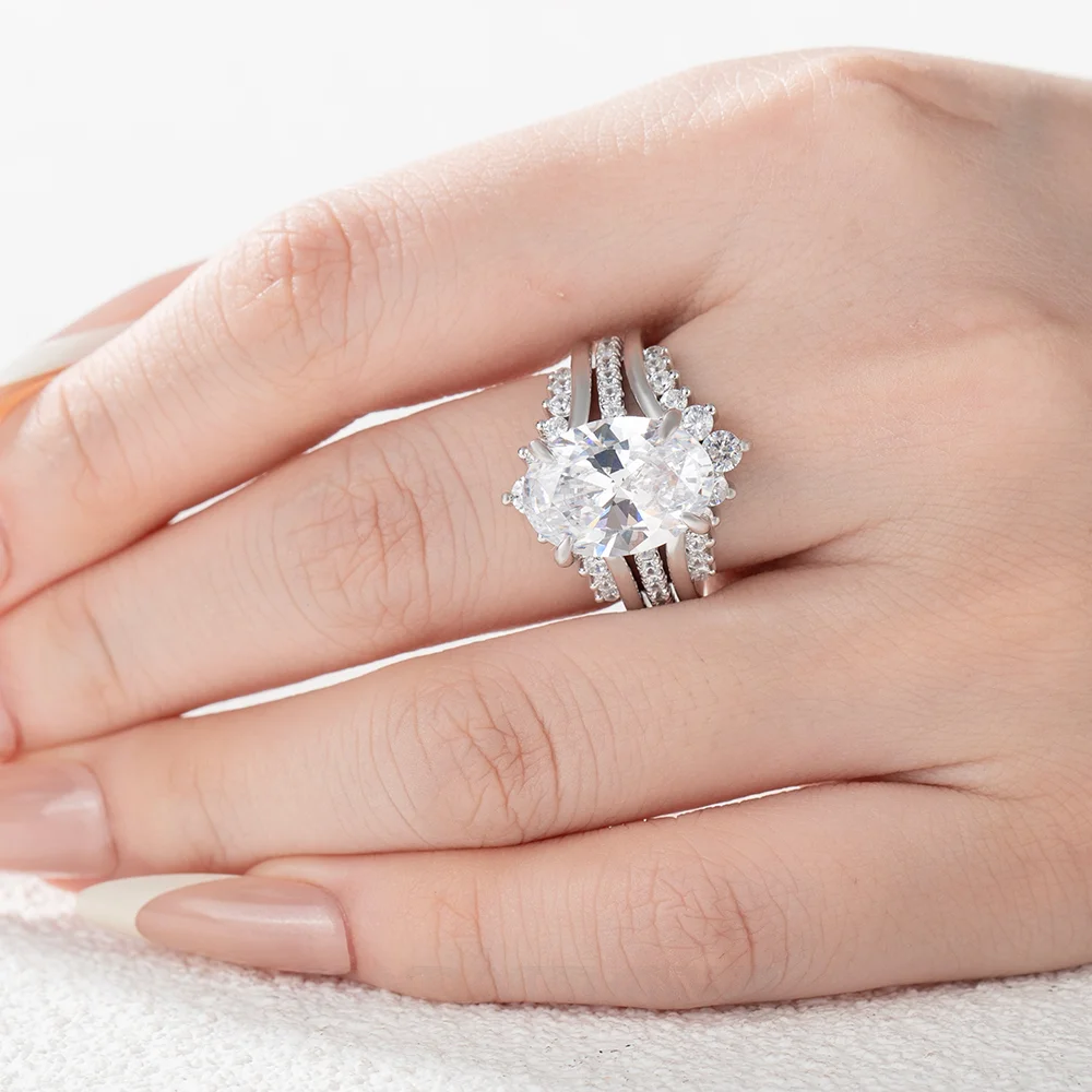 Ovalschnitt Diamantweiß 925er Sterlingsilber Einlege Trauring-Set