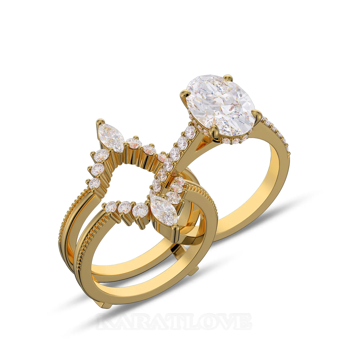 Ovalschliff Diamant Weiß Einfügen Sterling Silber Gelbgold Hidden Halo Jacke Ring-Set