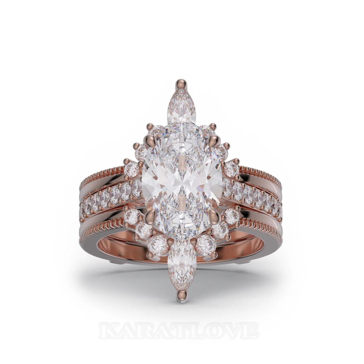 Ovalschliff Diamant Weiß Einfügen Sterling Silber Roségold Hidden Halo Jacke Ring-Set