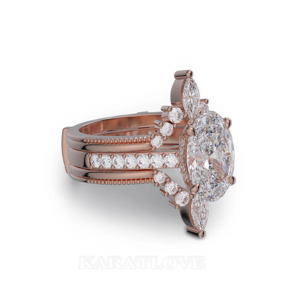 Ovalschliff Diamant Weiß Einfügen Sterling Silber Roségold Hidden Halo Jacke Ring-Set