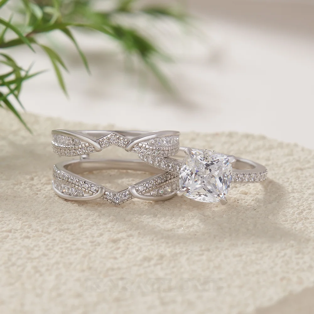 Kissenschnitt Diamant Weiß Einfügen Sterling Silber Ring-Set