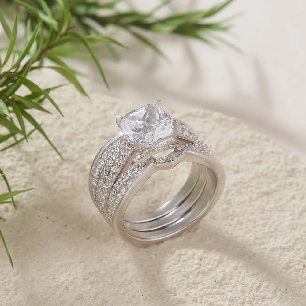 Kissenschnitt Diamant Weiß Einfügen Sterling Silber Ring-Set