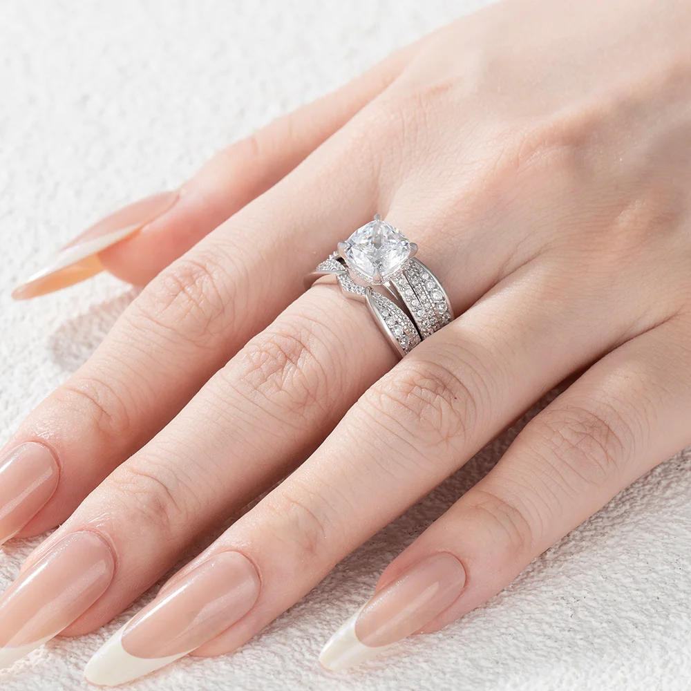 Kissenschnitt Diamant Weiß Einfügen Sterling Silber Ring-Set