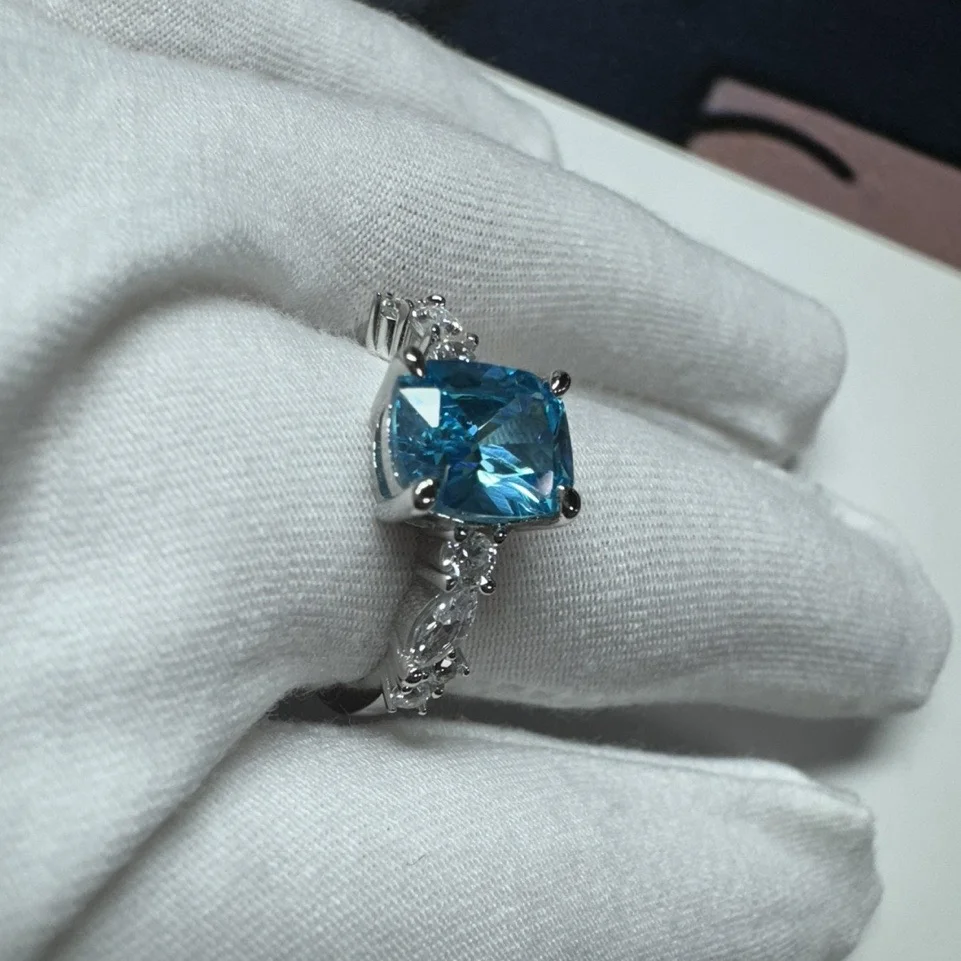 Radiantschliff Aquamarinblau 925er Sterlingsilber Verlobungsring