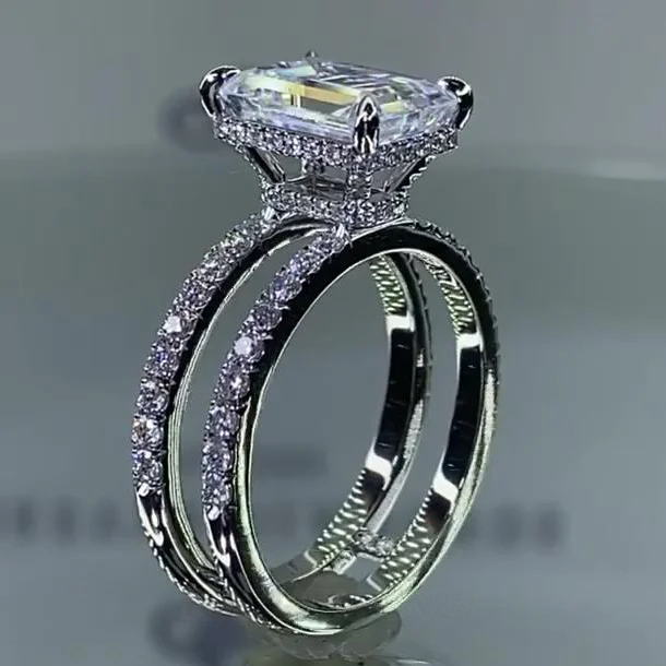 Smaragdschliff Diamantweiß Verlobungsring aus 925er Sterlingsilber