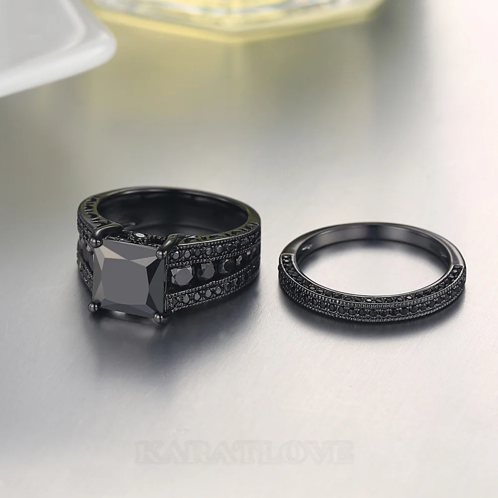 Tiefschwarz Prinzessschliff Brautset in Schwarz 925er Sterlingsilber