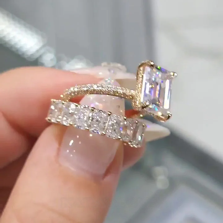 Smaragdschliff Diamantweiß Gelbgold Klassisch Ring-Sets aus 925er Sterlingsilber
