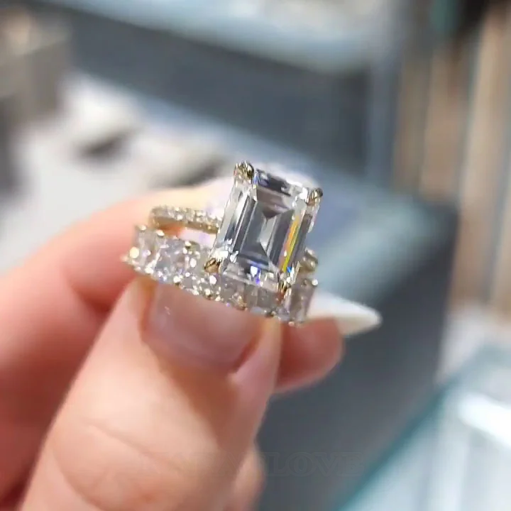 Smaragdschliff Diamantweiß Gelbgold Klassisch Ring-Sets aus 925er Sterlingsilber