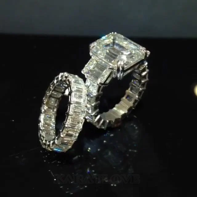 Smaragdschliff Diamantweiß 925er Sterlingsilber 3-Steine Brautset