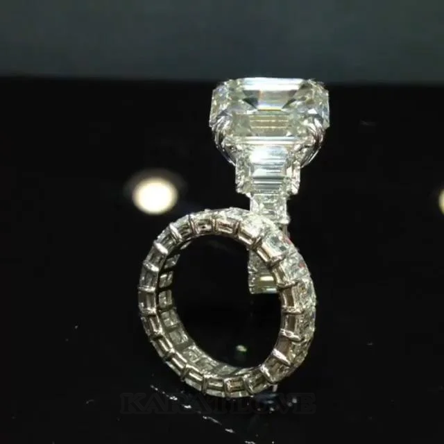 Smaragdschliff Diamantweiß 925er Sterlingsilber 3-Steine Brautset