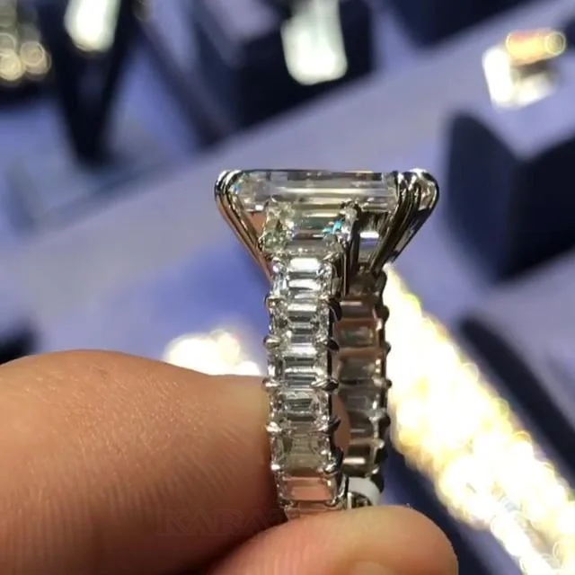 Smaragdschliff Diamantweiß 925er Sterlingsilber 3-Steine Brautset