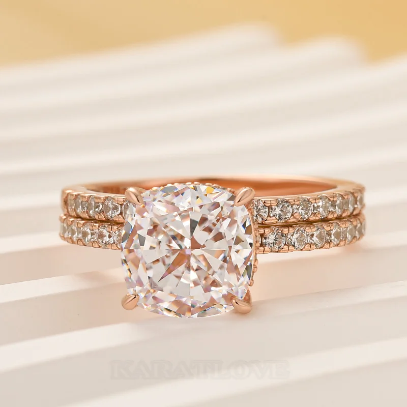 Kissenschliff Diamantweiß 925er Sterlingsilber Halo Ring-Set