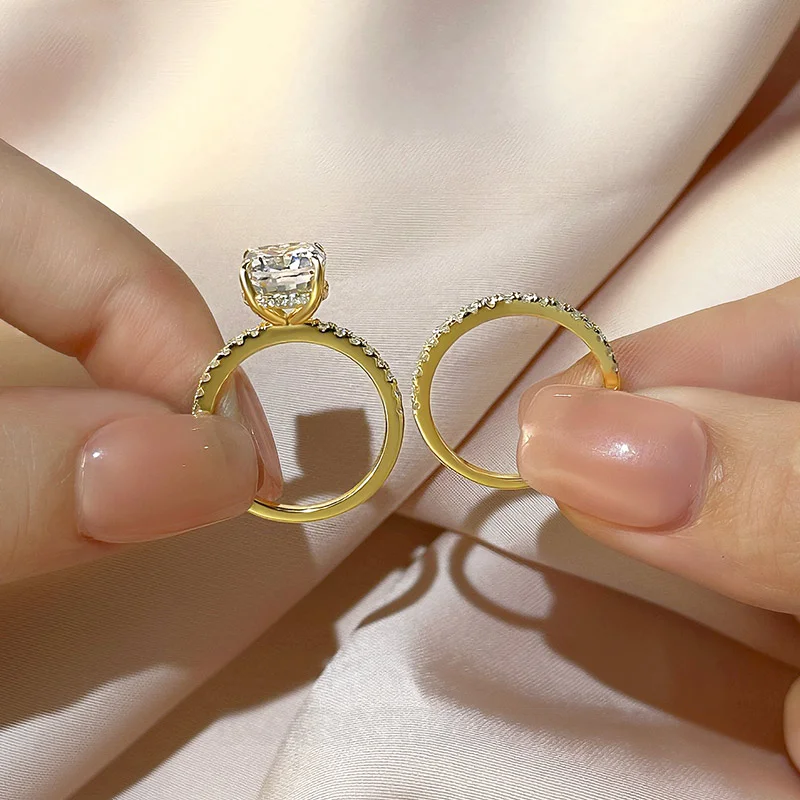 Kissenschliff Diamantweiß 925er Sterlingsilber Halo Ring-Set