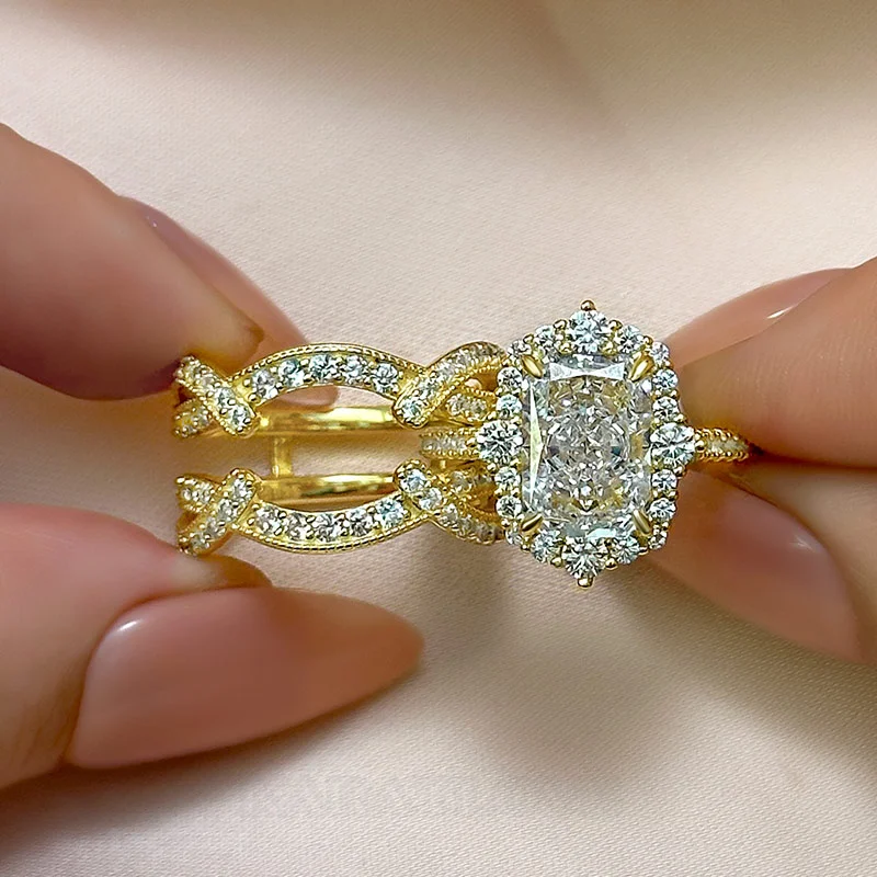 Radiantschliff Diamantweiß 925er Sterlingsilber Einlege Halo Ring-Set