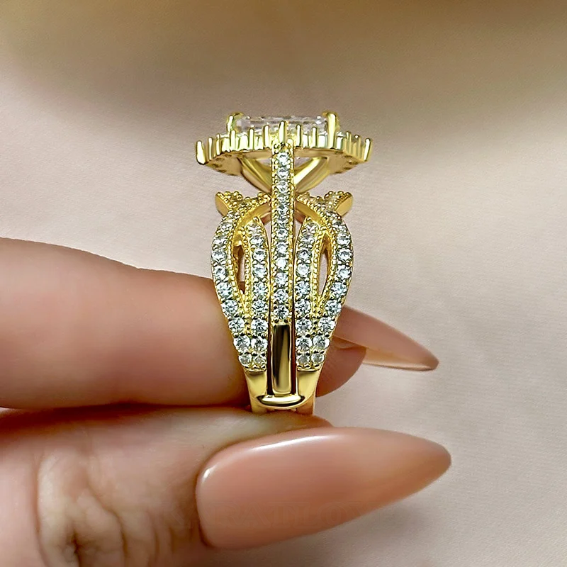 Radiantschliff Diamantweiß 925er Sterlingsilber Einlege Halo Ring-Set