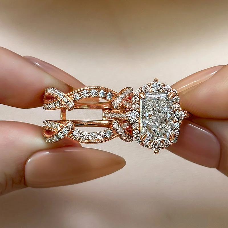 Radiantschliff Diamantweiß 925er Sterlingsilber Einlege Halo Ring-Set