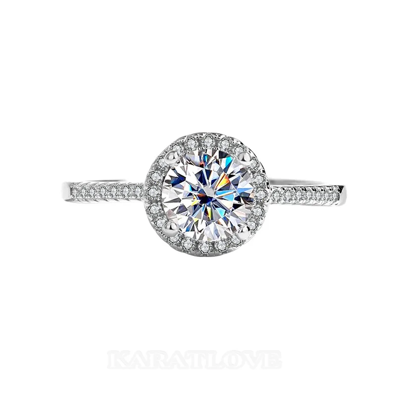 Rundschliff Moissanite Diamantweiß 925er Sterlingsilber Halo Verlobungsring