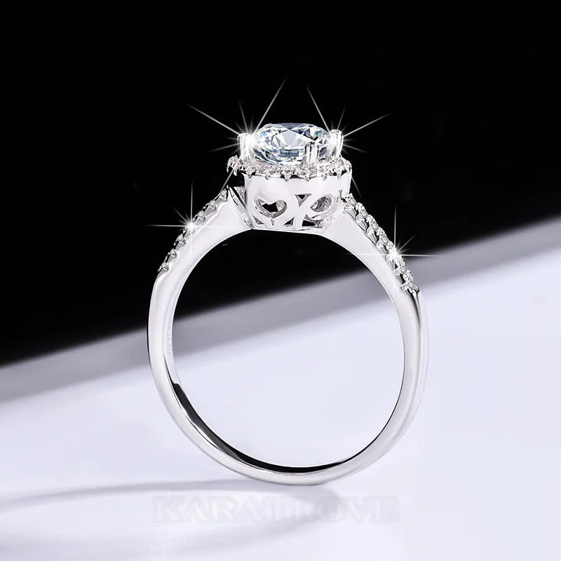 Rundschliff Moissanite Diamantweiß 925er Sterlingsilber Halo Verlobungsring