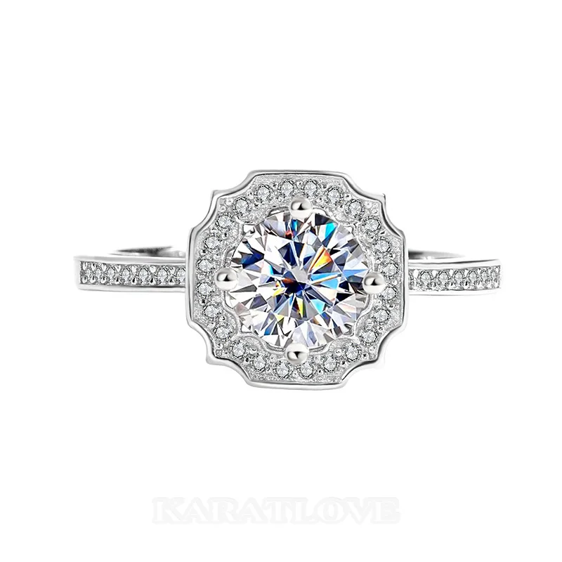 Rundschliff Moissanite Diamantweiß 925er Sterlingsilber Halo Verlobungsring
