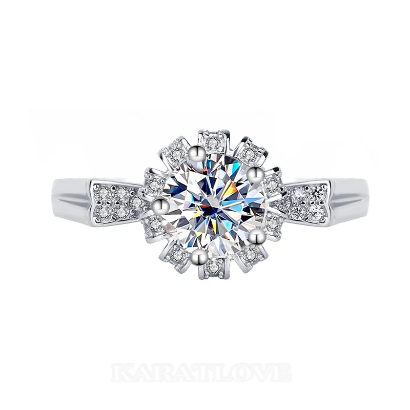 Rundschliff Moissanite Diamantweiß 925er Sterlingsilber Halo Verlobungsring