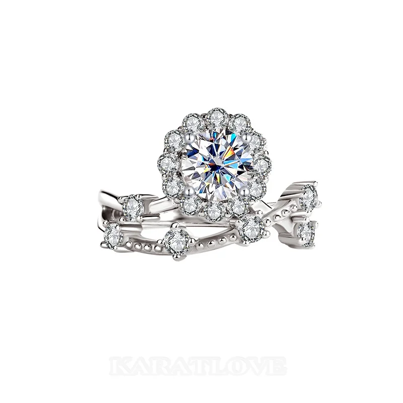 Rundschliff Moissanite Diamantweiß 925er Sterlingsilber Halo Verlobungsring