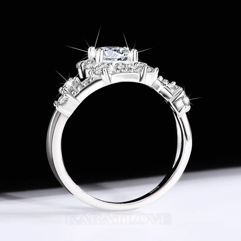 Rundschliff Moissanite Diamantweiß 925er Sterlingsilber Halo Verlobungsring