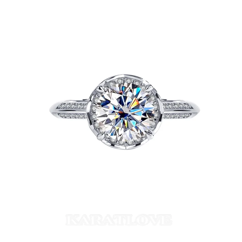 Rundschliff Moissanite Diamantweiß 925er Sterlingsilber Halo Verlobungsring