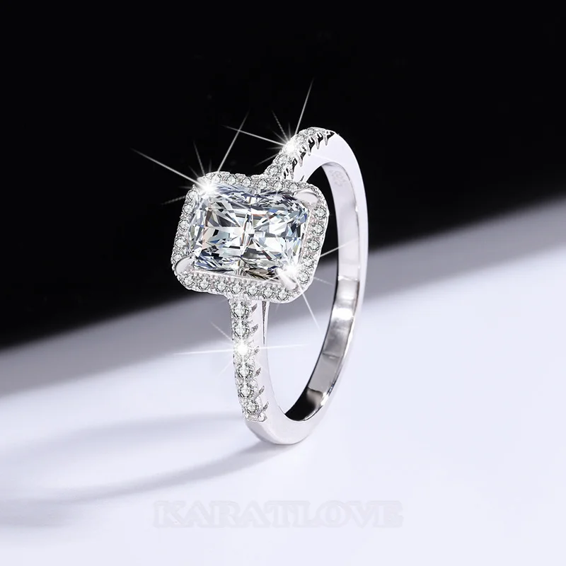 Radiantschliff Moissanite Diamantweiß 925er Sterlingsilber Halo Verlobungsring