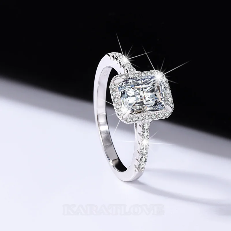 Radiantschliff Moissanite Diamantweiß 925er Sterlingsilber Halo Verlobungsring