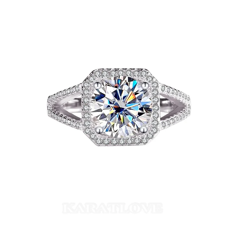 Rundschliff Moissanite Diamantweiß 925er Sterlingsilber Halo Verlobungsring Rundschliff Moissanite Diamantweiß 925er Sterlingsilber Halo Verlobungsring