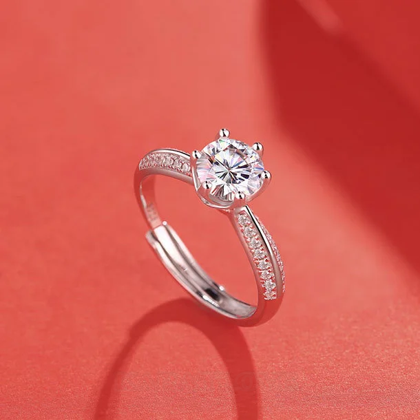 Rundschliff Moissanite Diamantweiß 925er Sterlingsilber Verstellbar Verlobungsring
