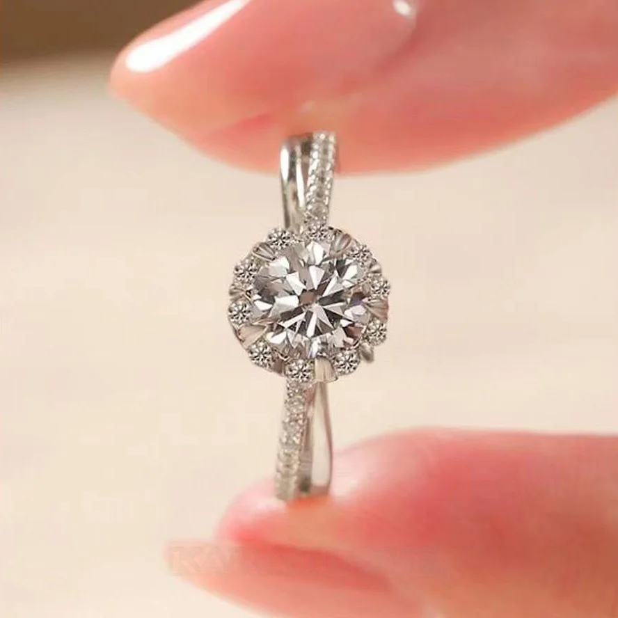 Rundschliff Moissanite Diamantweiß 925er Sterlingsilber Halo Verlobungsring