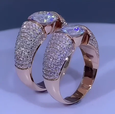 Paar-Ringe aus rosévergoldetem Sterlingsilber mit Brillantschliff-Diamant