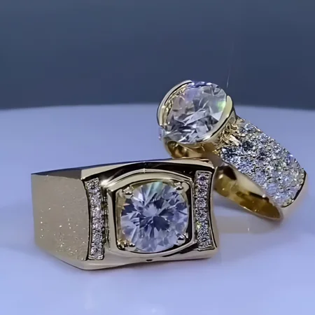 Paar-Ringe aus gelbvergoldetem Sterlingsilber mit Brillantschliff-Diamant
