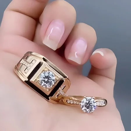 Paar-Ringe aus rosévergoldetem Sterlingsilber mit Brillantschliff-Diamant