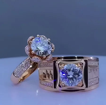 Paar-Ringe aus rosévergoldetem Sterlingsilber mit Brillantschliff-Diamant
