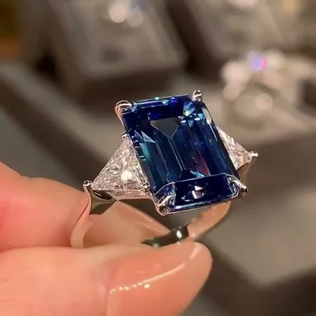 Smaragdschliff Saphirblau 3-Steine Verlobungsring aus 925er Sterlingsilber