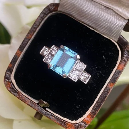 Smaragdschliff Aquamarine 925er Sterlingsilber Art-Déco Verlobungsring