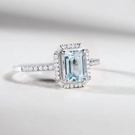 Smaragdschliff Aquamarine 925er Sterlingsilber Halo Verlobungsring