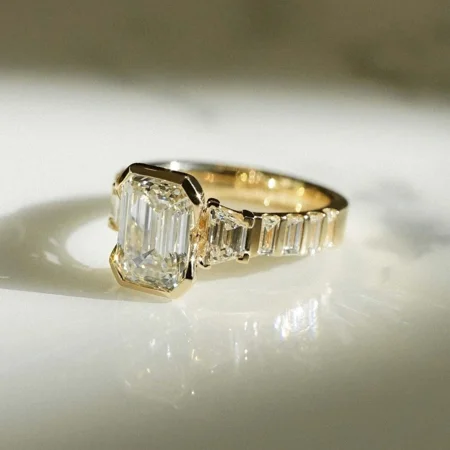 Smaragdschliff Diamantweiß 925er Sterlingsilber Gelbgold 3-Steine Verlobungsring