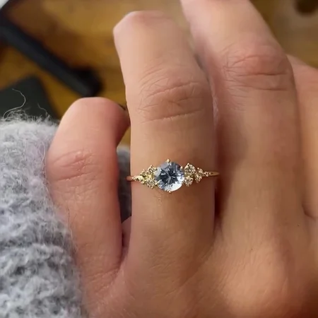 Rundschliff Aquamarinblau 925er Sterlingsilber Gelbgold Verlobungsring