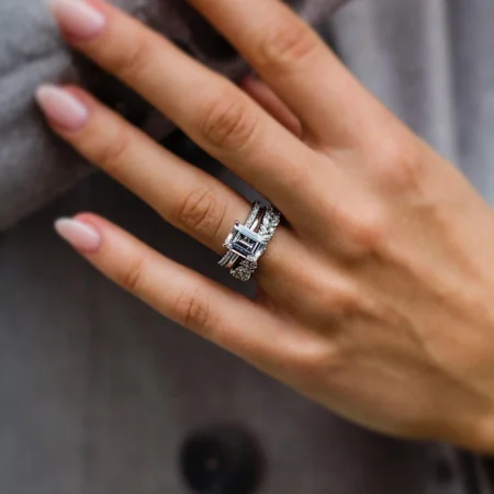 Smaragdschliff Diamantweiß Solitär 3-teilige 925er Sterlingsilber Ring-Set